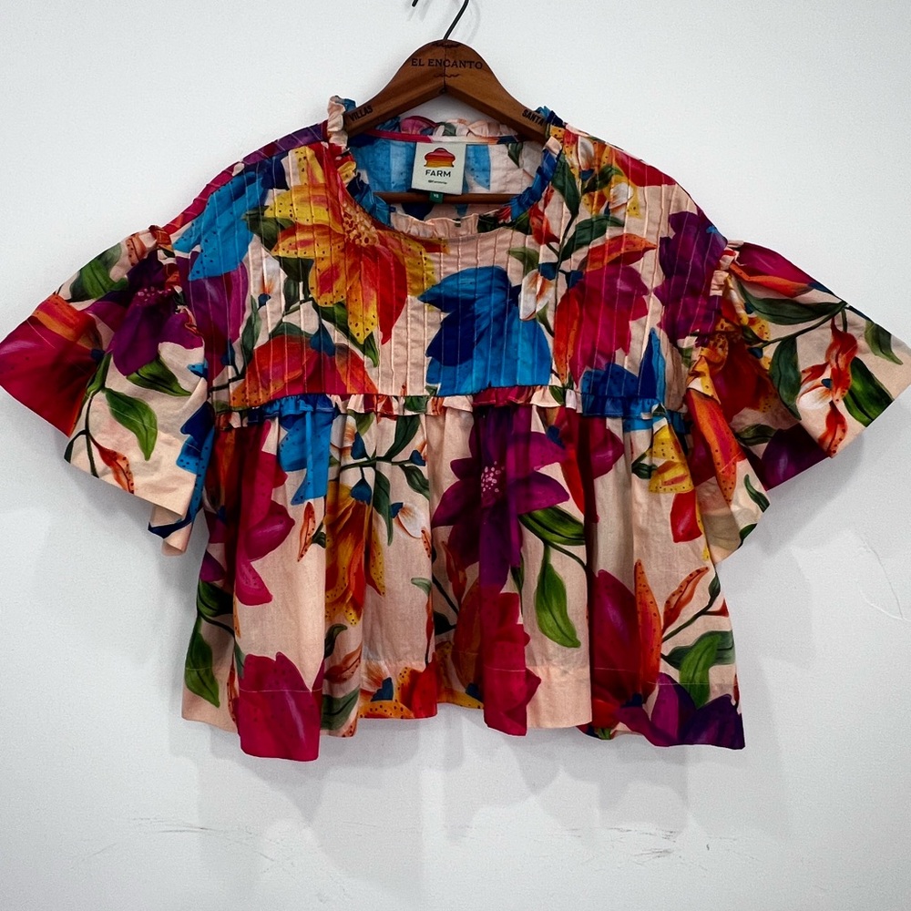 FARM Rio Pink Multi Floral Ruffle Peasant Blouse